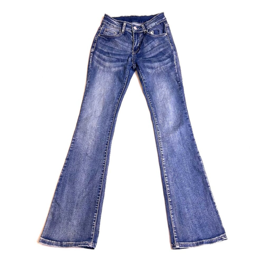low-rise medium wash flared jeans